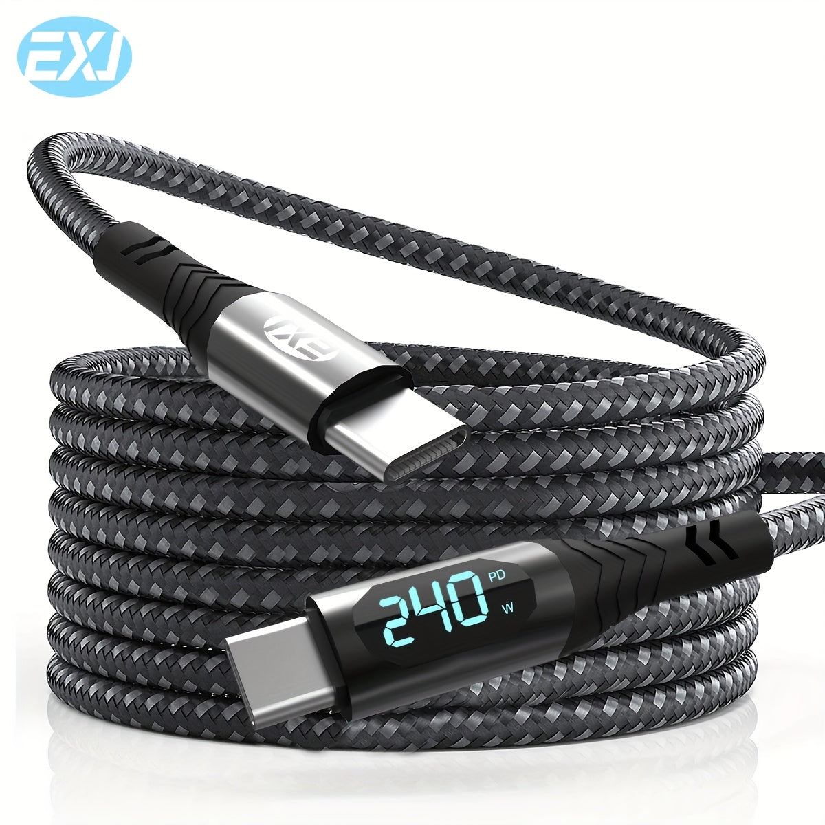 240W Type-C to C Fast Charging Cable with Digital Display Nylon Braid Compatible with iPhone Samsung Xiaomi Google Tablets and Phones