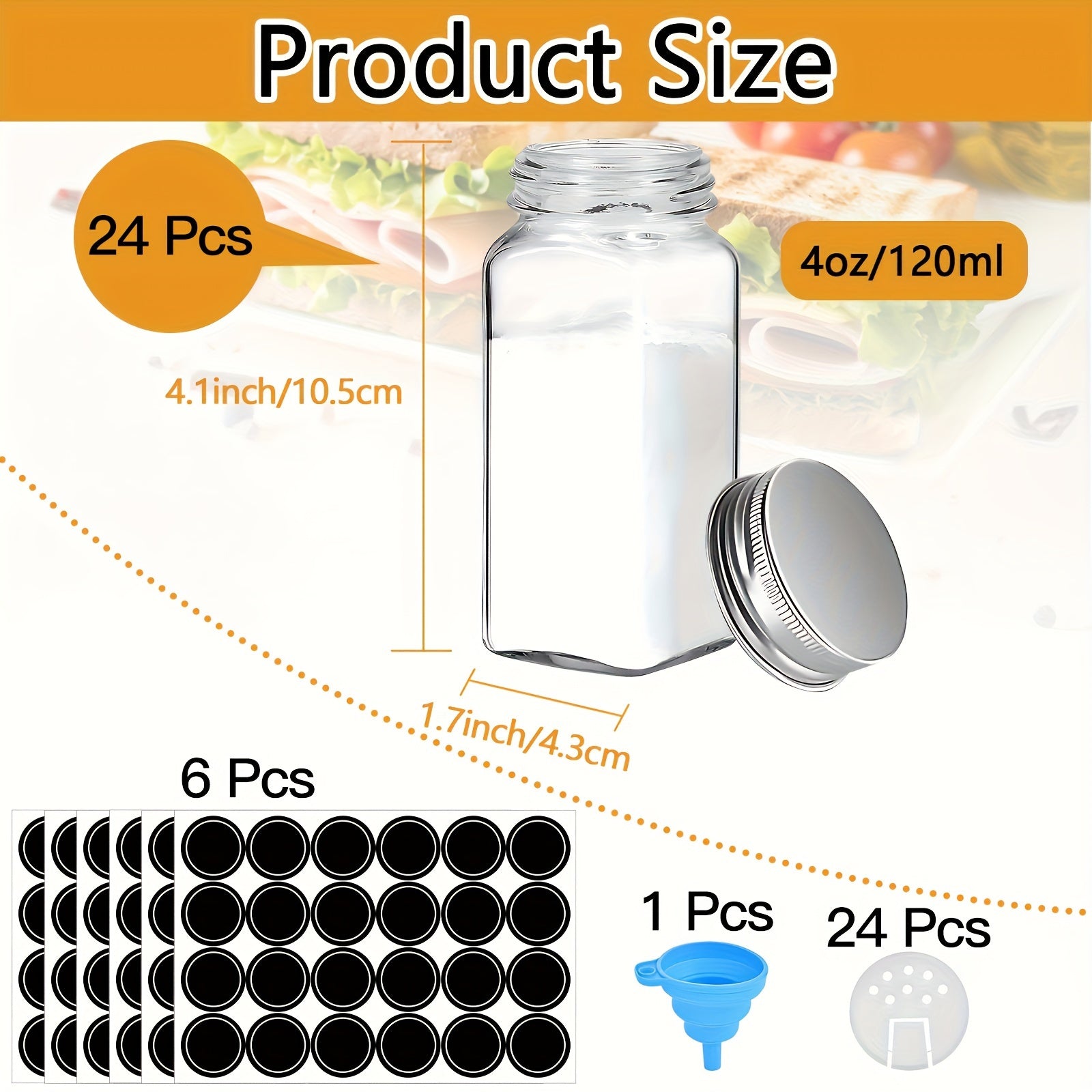 24-Piece Glass Spice Jar Set with Aluminum Lids, Labels, Funnel, and Brush