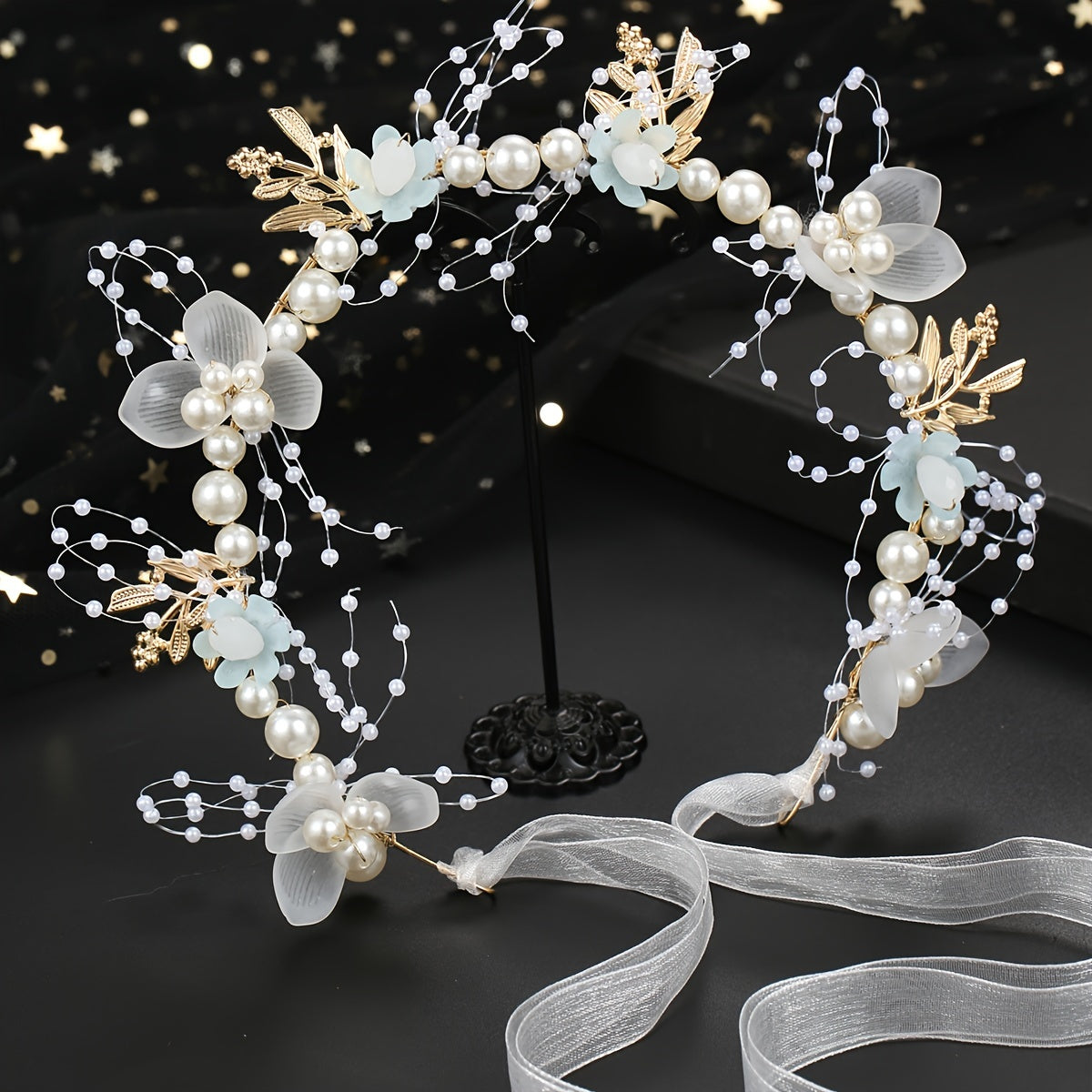 Multicolored Faux Pearl and Crystal Flower Headband for Weddings and Events