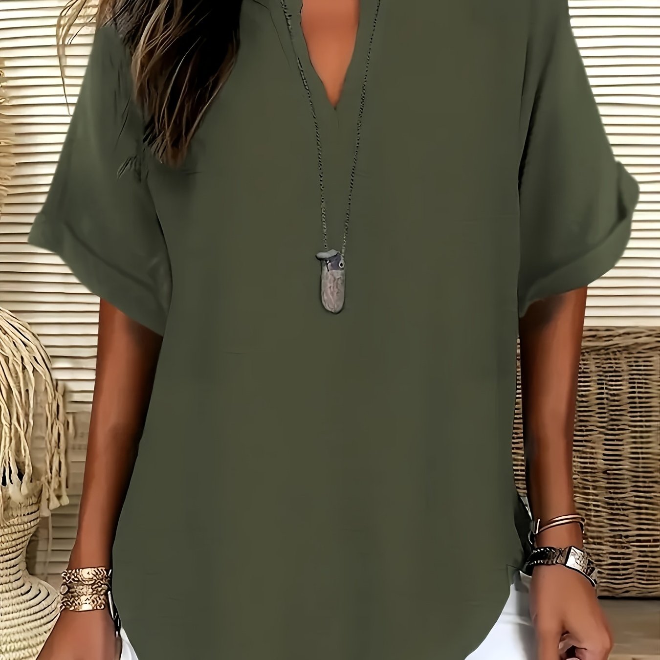 Plus Size Women's Short Sleeve Blouse Casual V-Neck Flared Hem All-Season Shirt