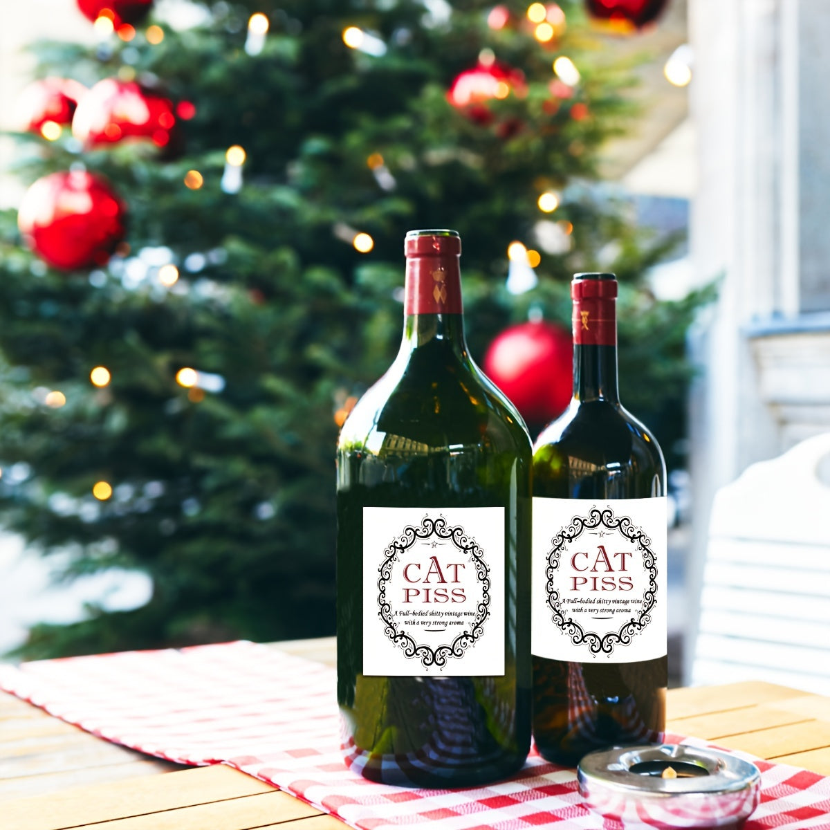 Cat Piss Champagne Bottle Labels Waterproof Vinyl Stickers Black White Ornament Christmas Birthday Party