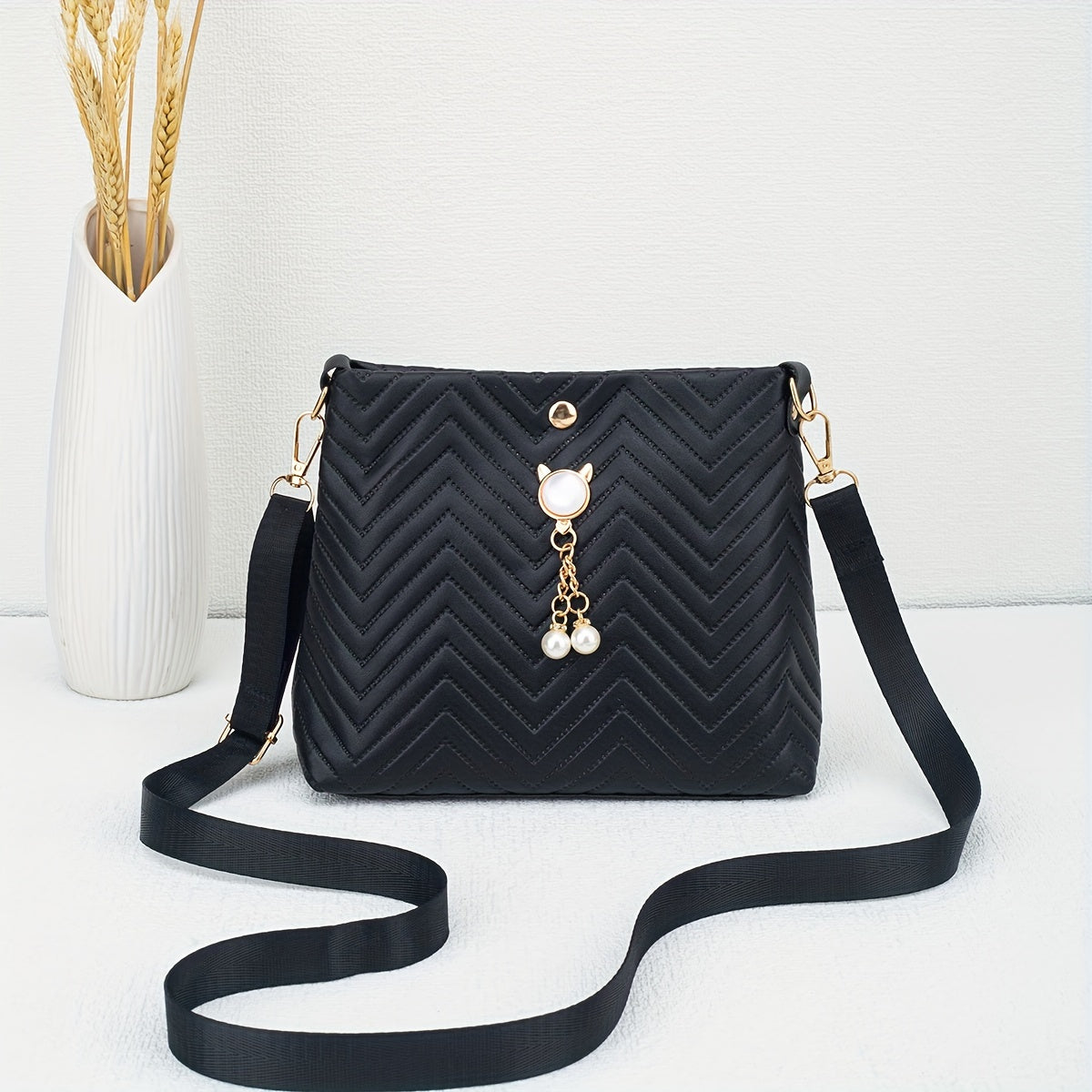 Quilted Crossbody Bag with Adjustable Strap Faux Pearl Embellishment Chevron Pattern in Khaki White Pink Black