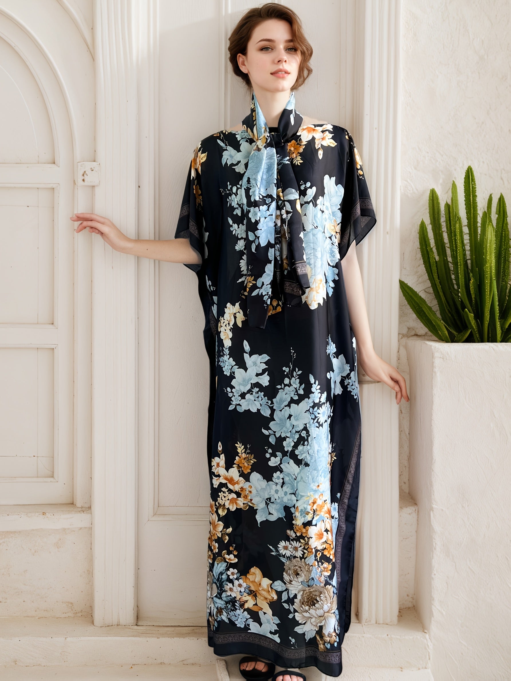 Plus o'lcham ayollar uchun qora gullik maxi kiyim va sharf, qisqa qo'l, erkin fit