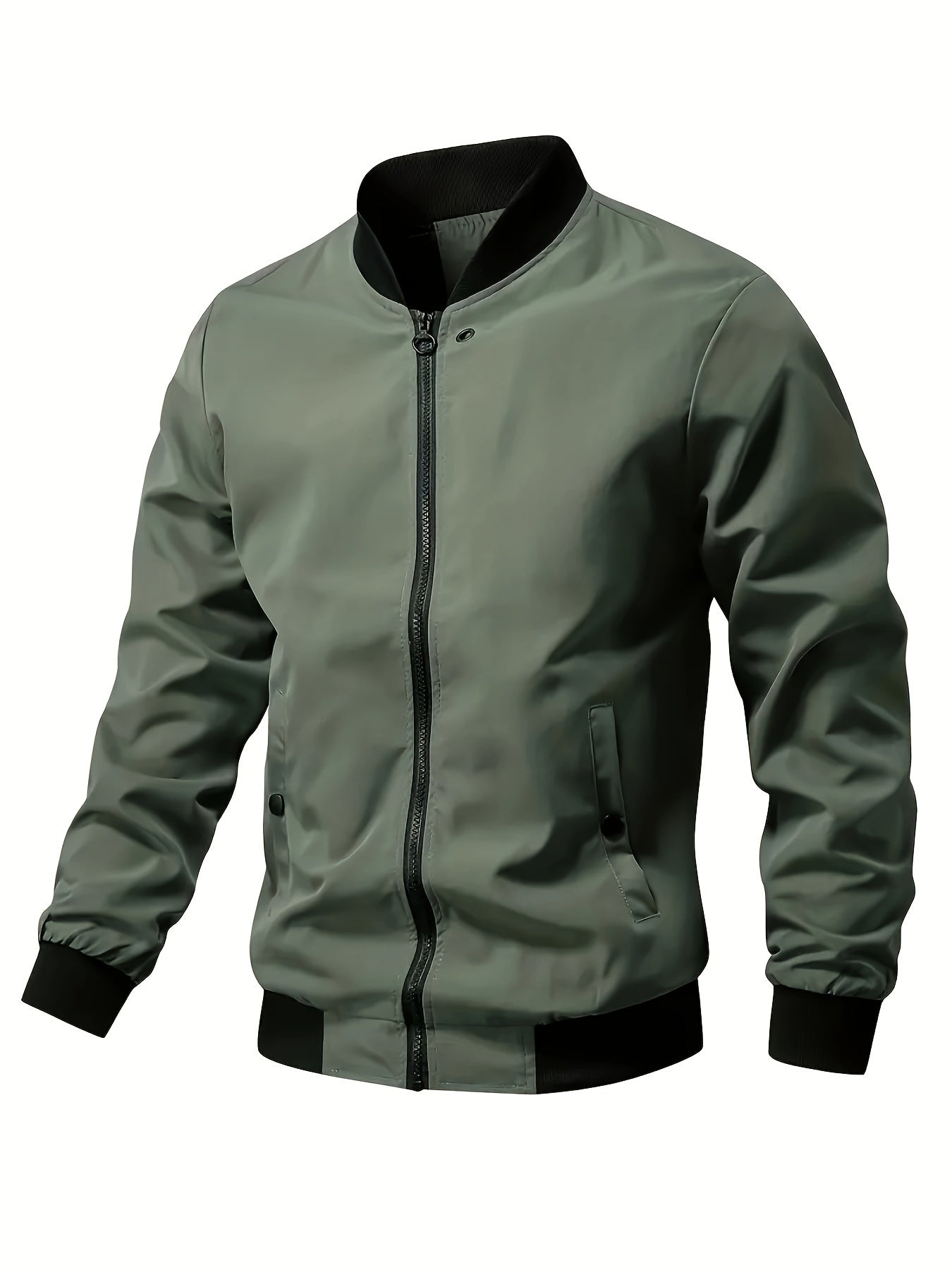 Men's Solid Color Woven Acetate Bomber Jacket with Stand Collar Lightweight Spring Fall Outerwear