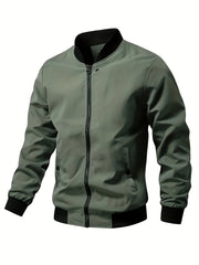 Men's Solid Color Woven Acetate Bomber Jacket with Stand Collar Lightweight Spring Fall Outerwear