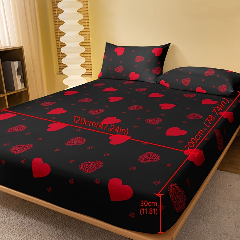 Red Love Print Fitted Sheet 1pc Brushed Bedding Mattress Protector with Deep Pocket
