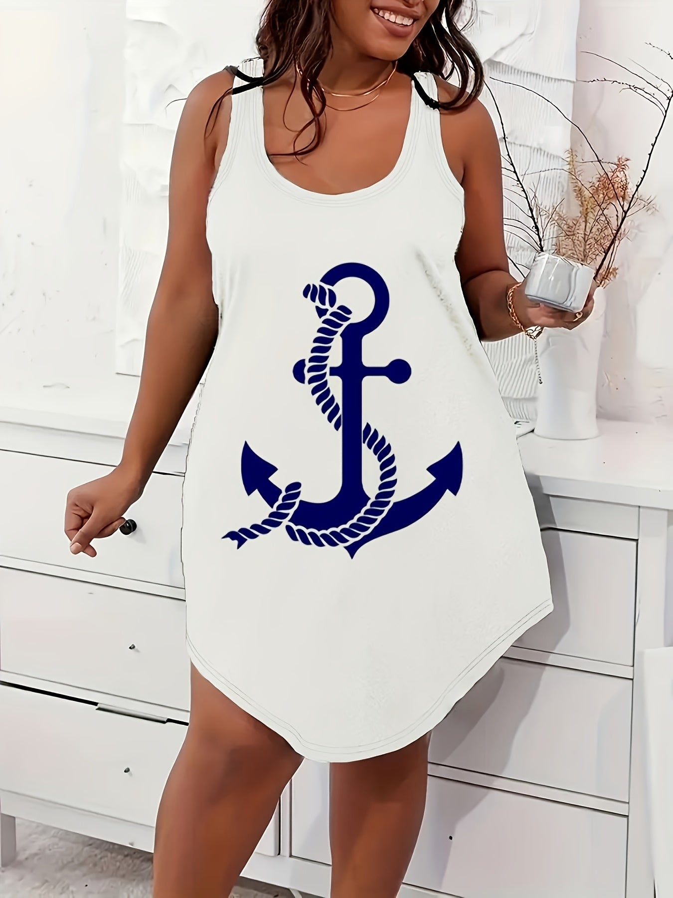 Plus Size Women's Sleeveless Nightdress with Nautical Anchor Print in White