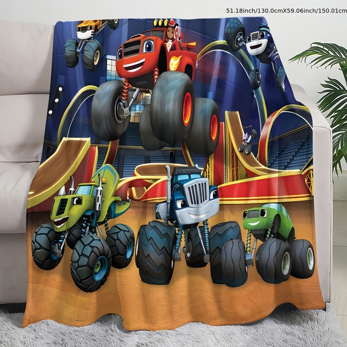 Monster Truck Flannel Fleece Throw Blanket Cartoon Design Hypoallergenic Easy to Clean Versatile Bedding