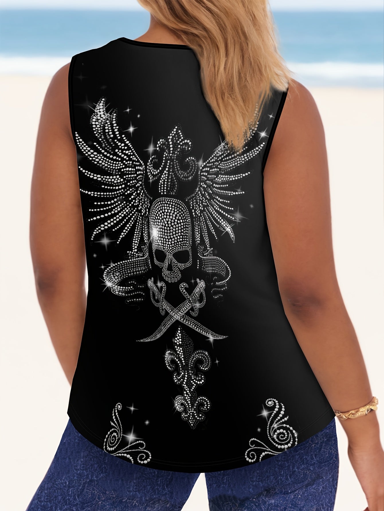 Топ без рукавов для женщин больших размеров из полиэстера с 3D-принтом черепа, летний жилет