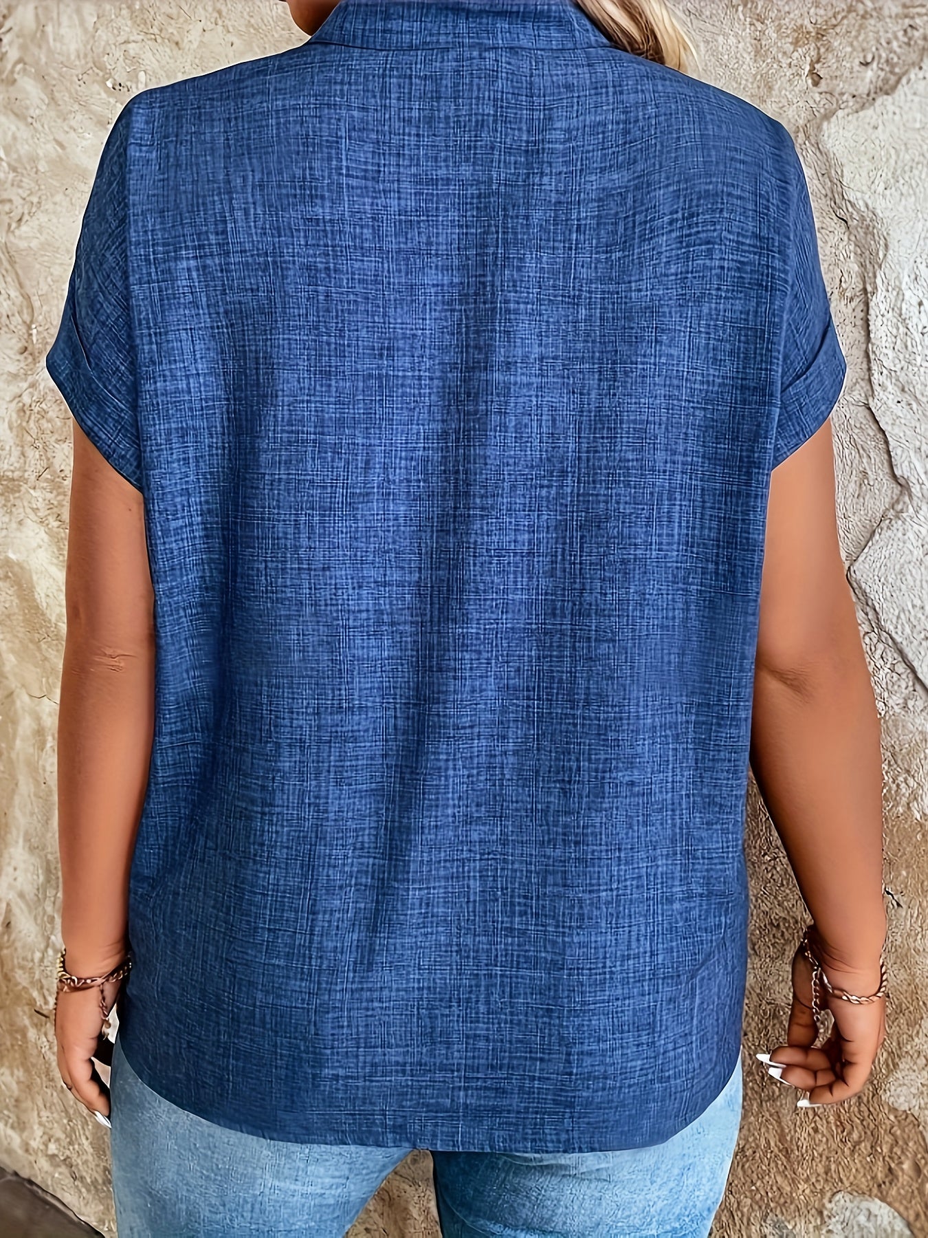 Women's Blue V-Neck Blouse with Batwing Sleeves for Spring Summer