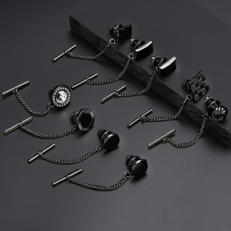 Set of 9 Men's Tie Pins with Chains and Clips in Black Silver and Gold