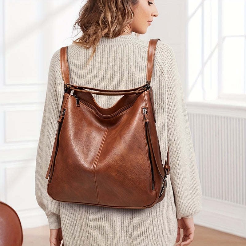 Women's 3-Piece Retro Tote Bag Set with Backpack Shoulder Bag and Coin Purse Black PU