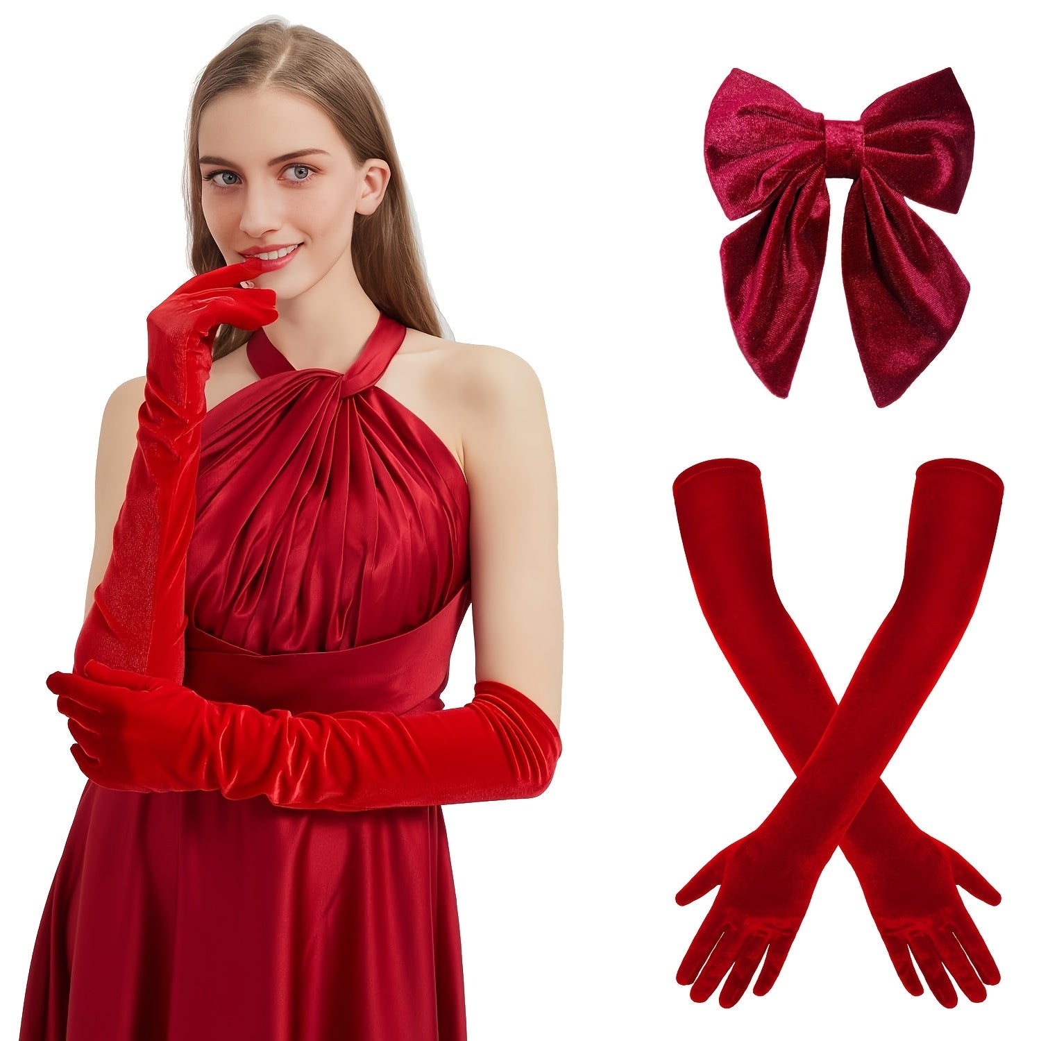 Set of 2 Red Velvet Long Gloves and Hair Bow Clips for Women Wedding Bridal Fancy Dress