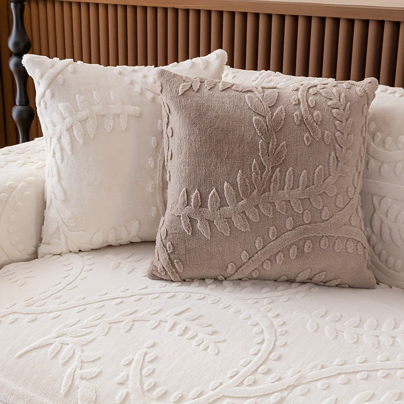 Beige Faux Rabbit Fur Sofa Cover for 1-4 Seaters with Floral Leaf Pattern Non-Slip Washable