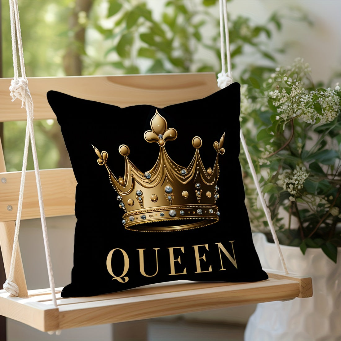 Set of 1 or 2 Peach Skin Pillowcases 45x45cm with Black Background Golden Crown Design for Sofa Bed Bedroom Decor