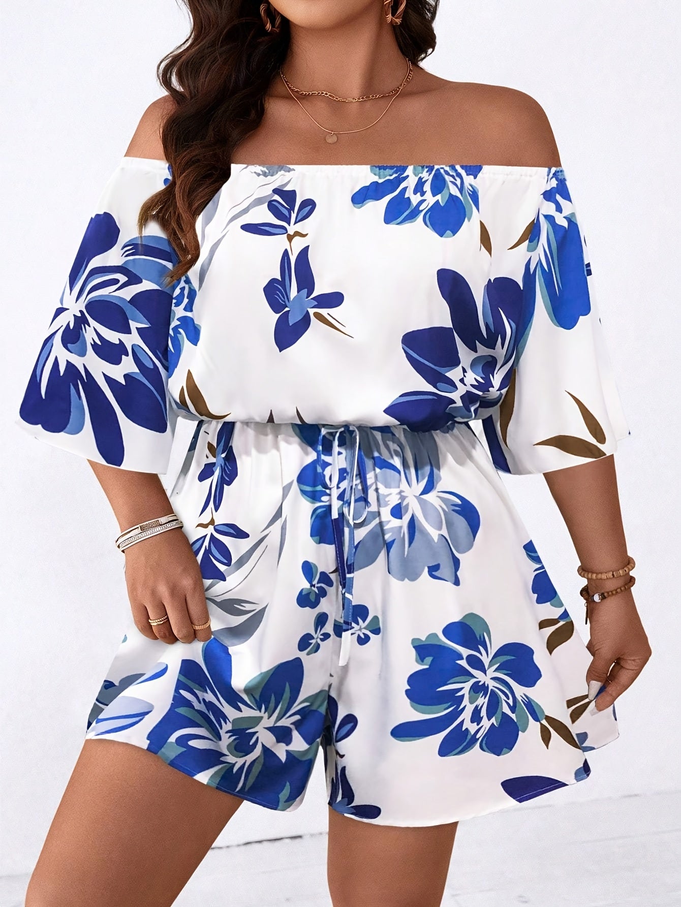 Plus Size Women's Off Shoulder Floral Jumpsuit Ruffled Hem Summer Casual