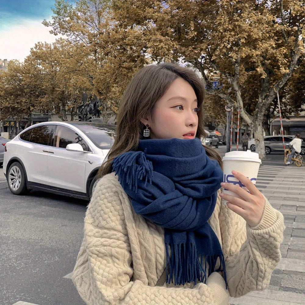 Women Black Tassel Shawl Scarf Thick Plush Wool Feel Double-Sided Cashmere Autumn Winter