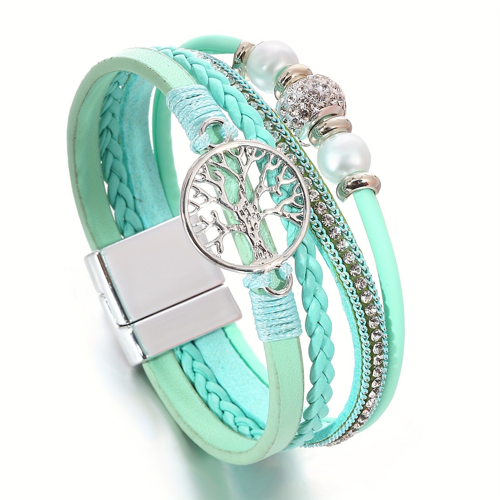 Multi-Layer Faux Leather Wristband with Tree of Life Charm and Rhinestones