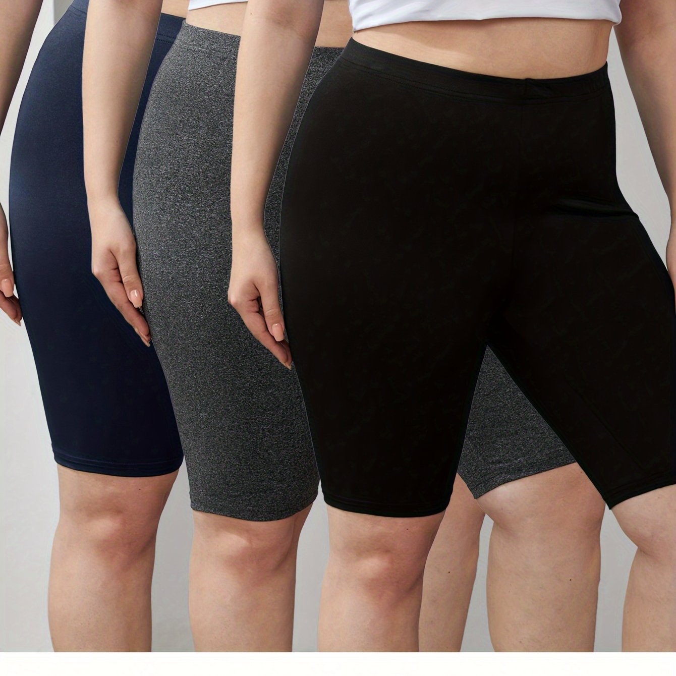 Women Plus Size Solid Color High Waist Skinny Shorts 3 Pack Spring Summer
