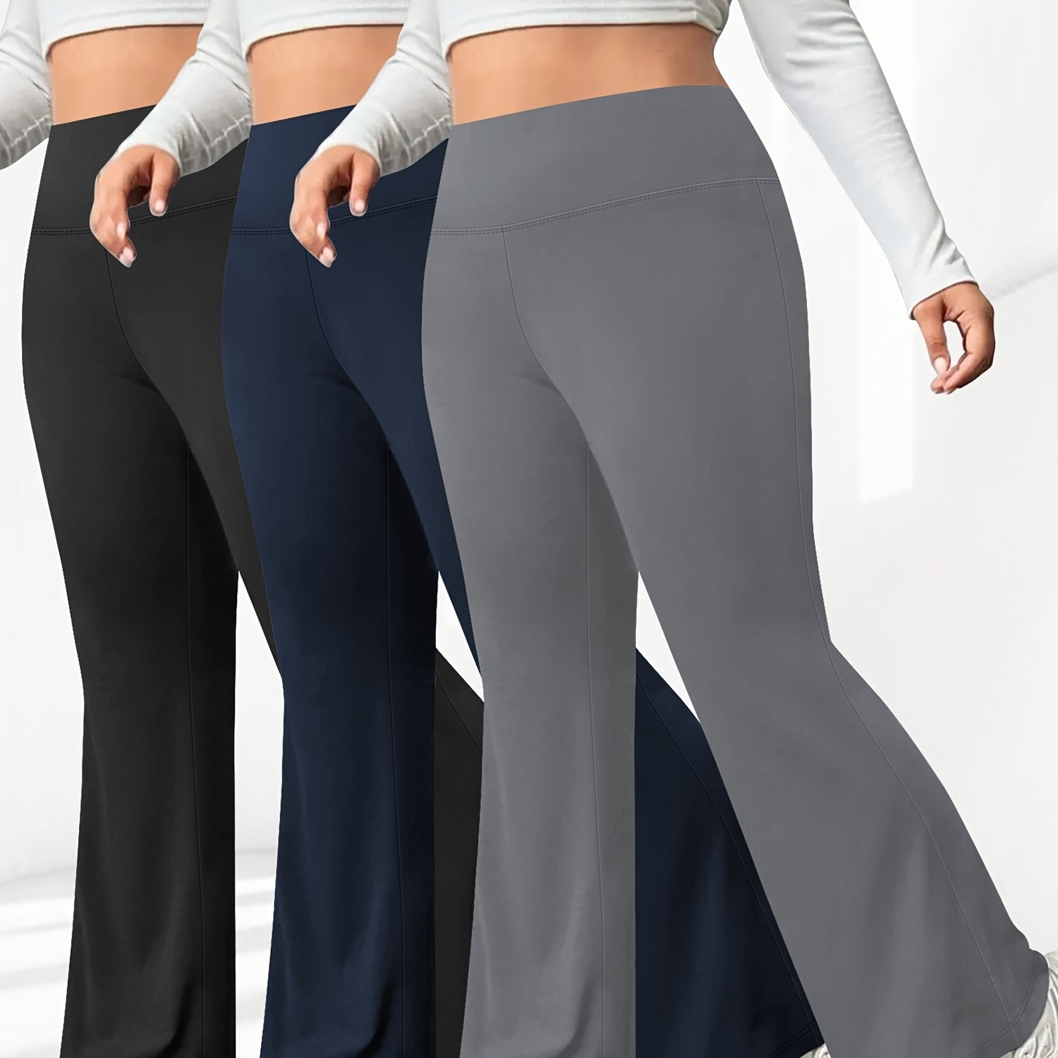 Plus Size Flare Leg Pants Pack High Waist Polyester Knit Stretchy Spring Summer Fall