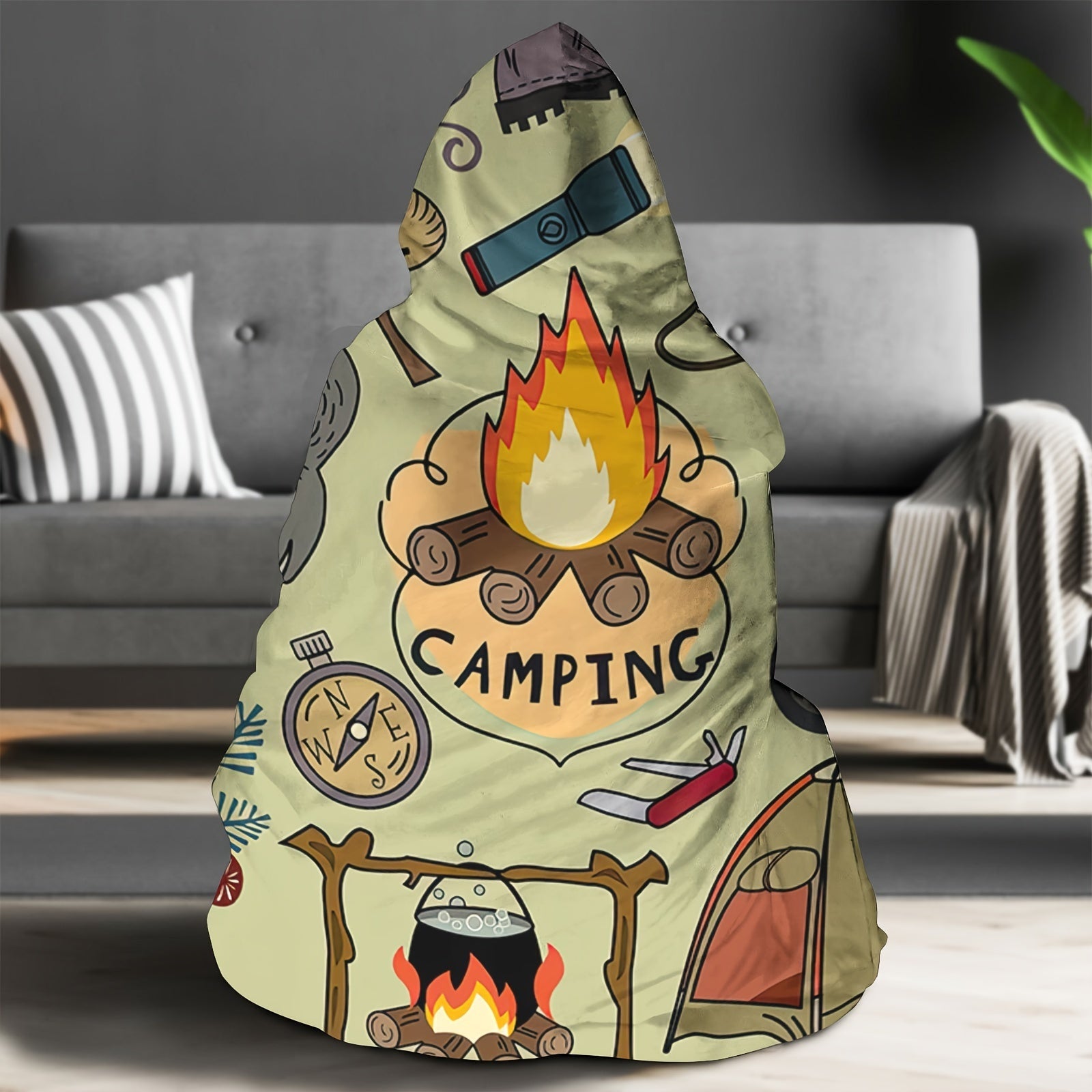 Hooded Blanket for Adults Soft Thick Cozy Camping Travel Lounge Firepit
