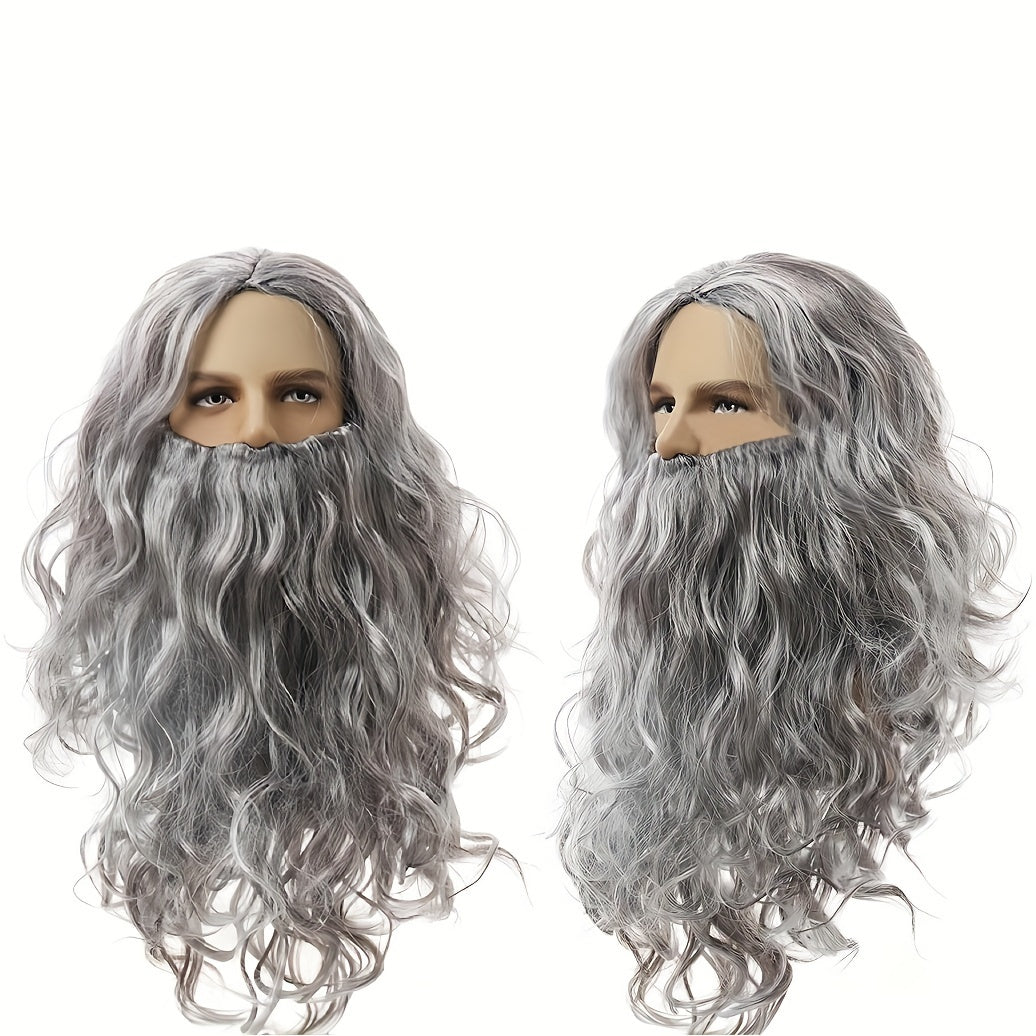 Long Grey Wavy Beard Wig for Men Cosplay Halloween Christmas Party Synthetic Heat-Resistant