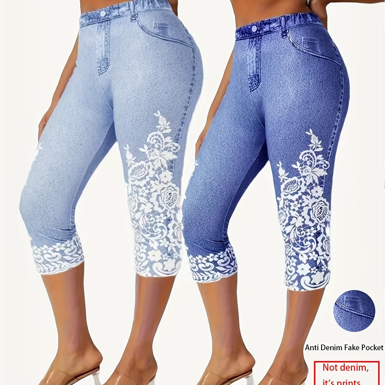 Women's Faux Denim Cropped Leggings 2-Pack Oversized Black Blue