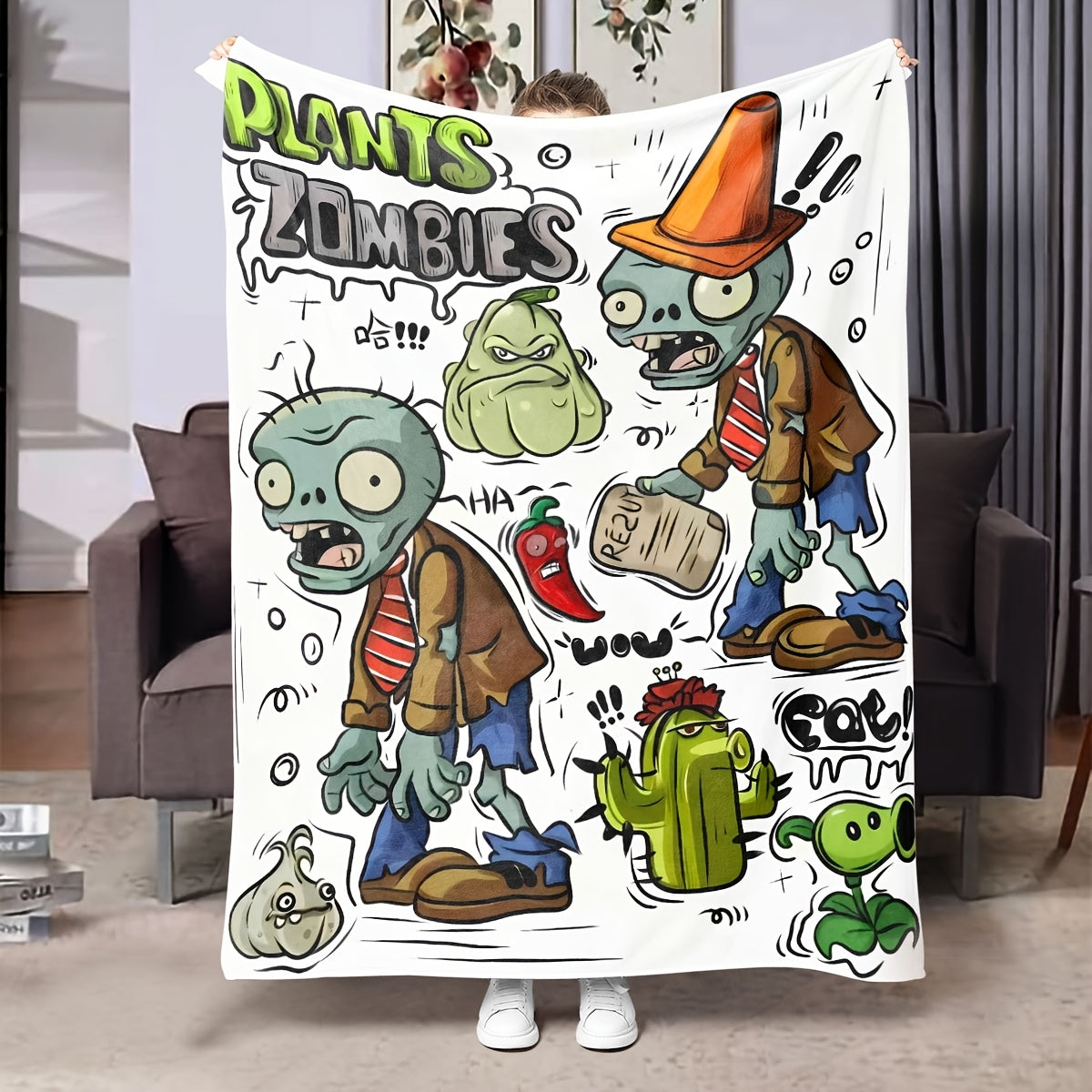 Cozy Flannel Throw Blanket with Plant and Zombie Design for Couch Bed Office Travel