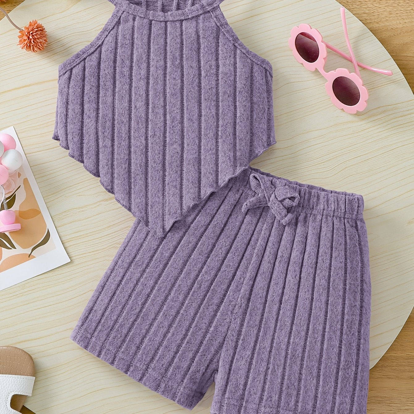 Летний комплект для девочек включает топ-корсет и фиолетовые шорты из трикотажной ткани, моется в машине, подходит для активного отдыха