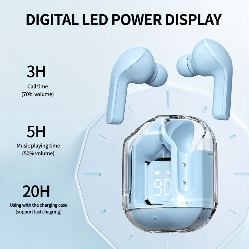 Transparent TWS Wireless Earbuds with LED Power Display, Volume Control, Condenser Mic, Type-C Rechargeable Battery