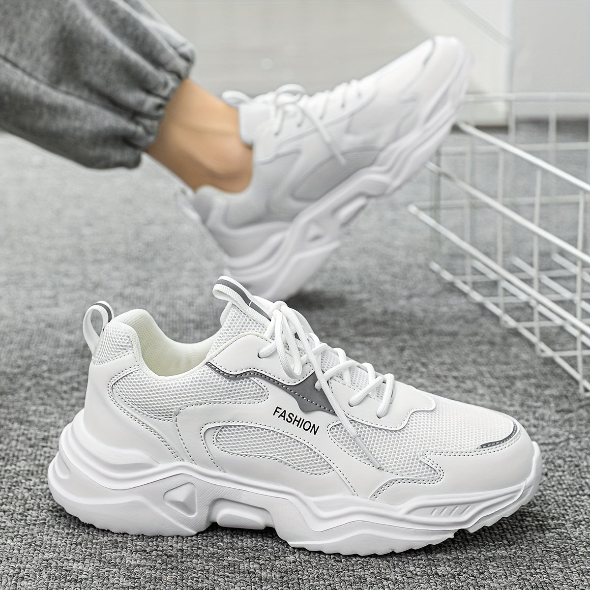 Men's Black and White Gradient Laser Pattern Sneakers Breathable Mesh Low-Top Casual Running Shoes