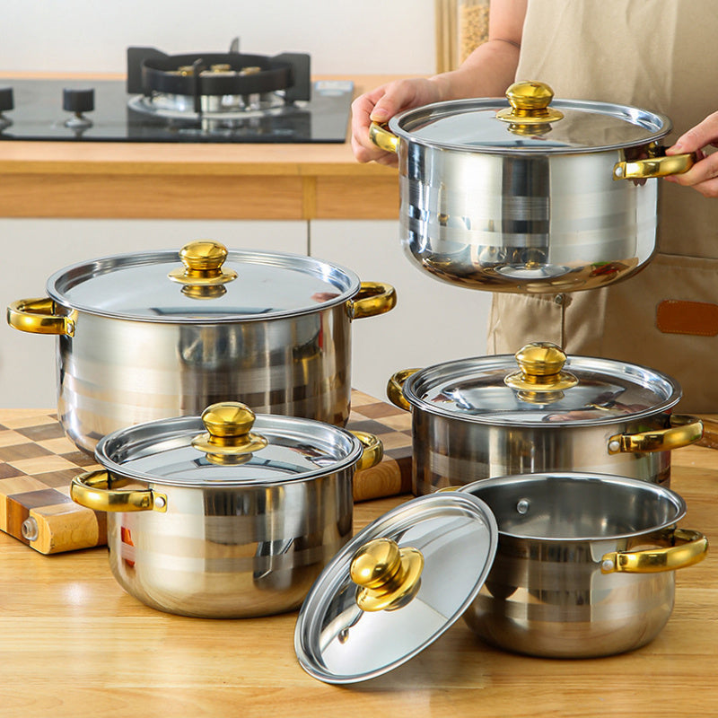 Set of 10 Stainless Steel Cookware Pans with Gold Handles and Lids