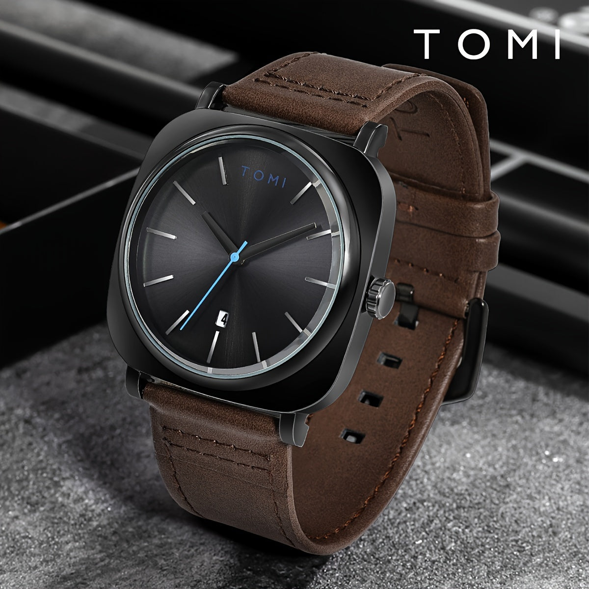 Men's Square Large Plate Calendar Watch with Zinc Alloy Case and PU Leather Band