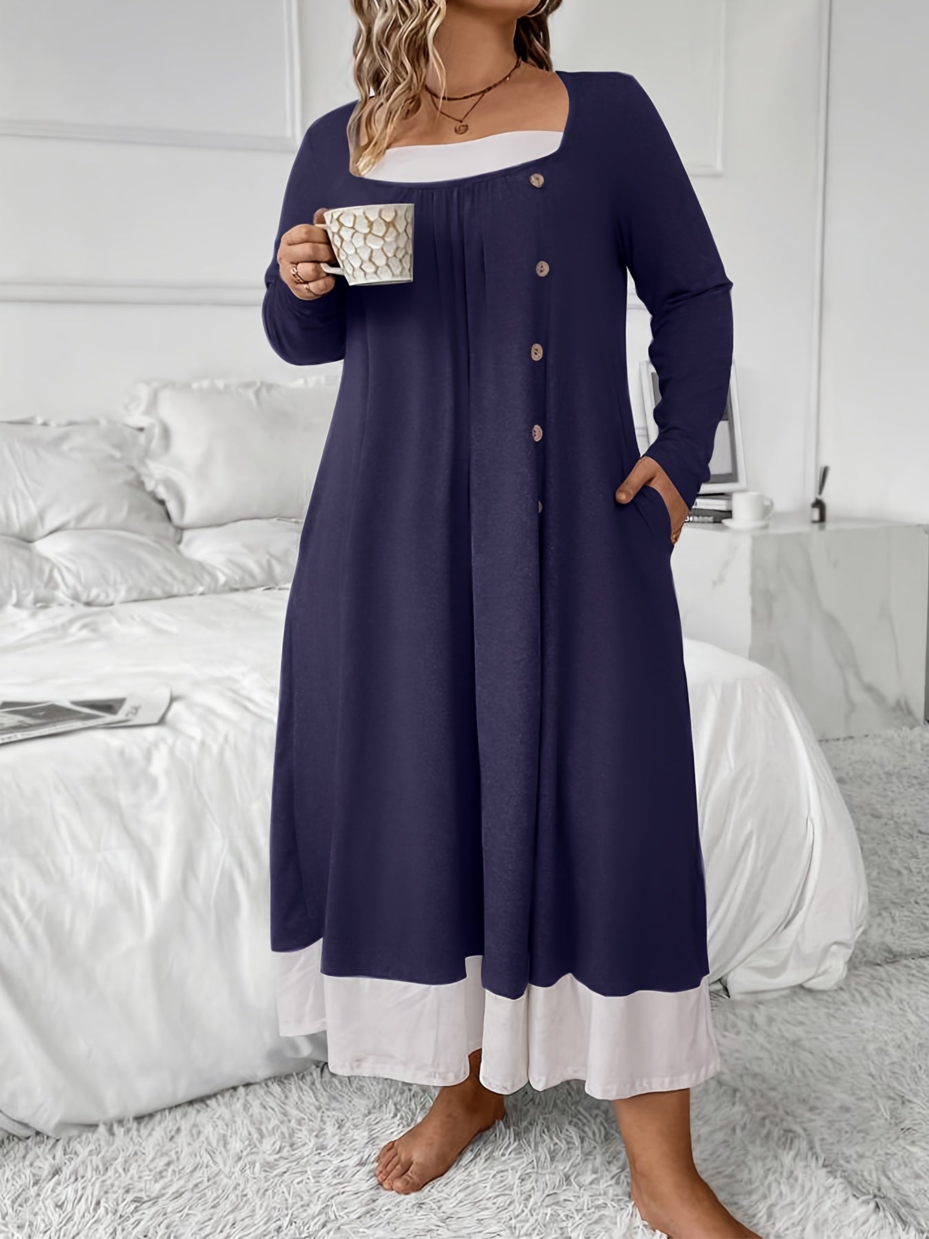 Plus Size Women's Sleep Dress Long Sleeve Nightgown Lounge Wear