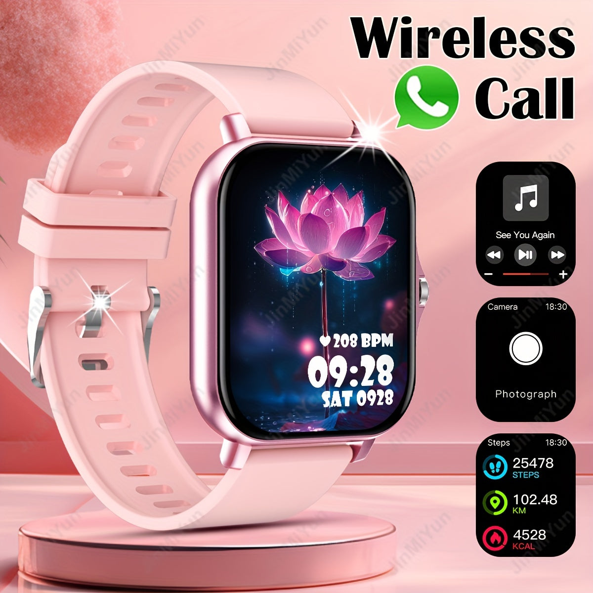 Pink 4.65cm Full Touch Screen Smartwatch for Men Women Wireless 5.0 Multi-Sport