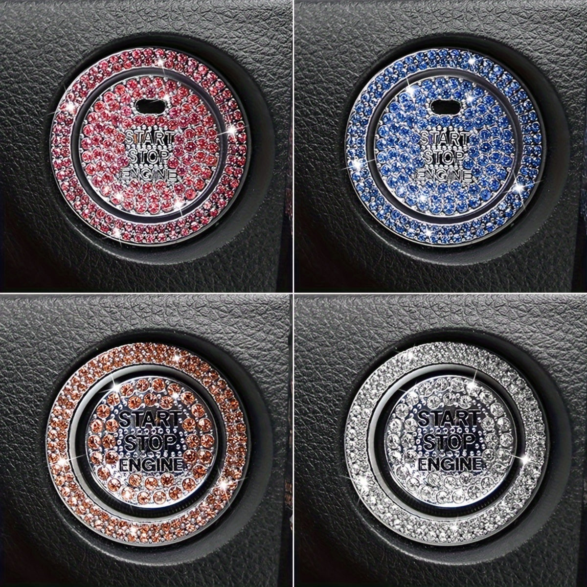 2-Pack Aluminum Alloy Rhinestone Ignition Button Cover Universal Car Push Start Switch Cap