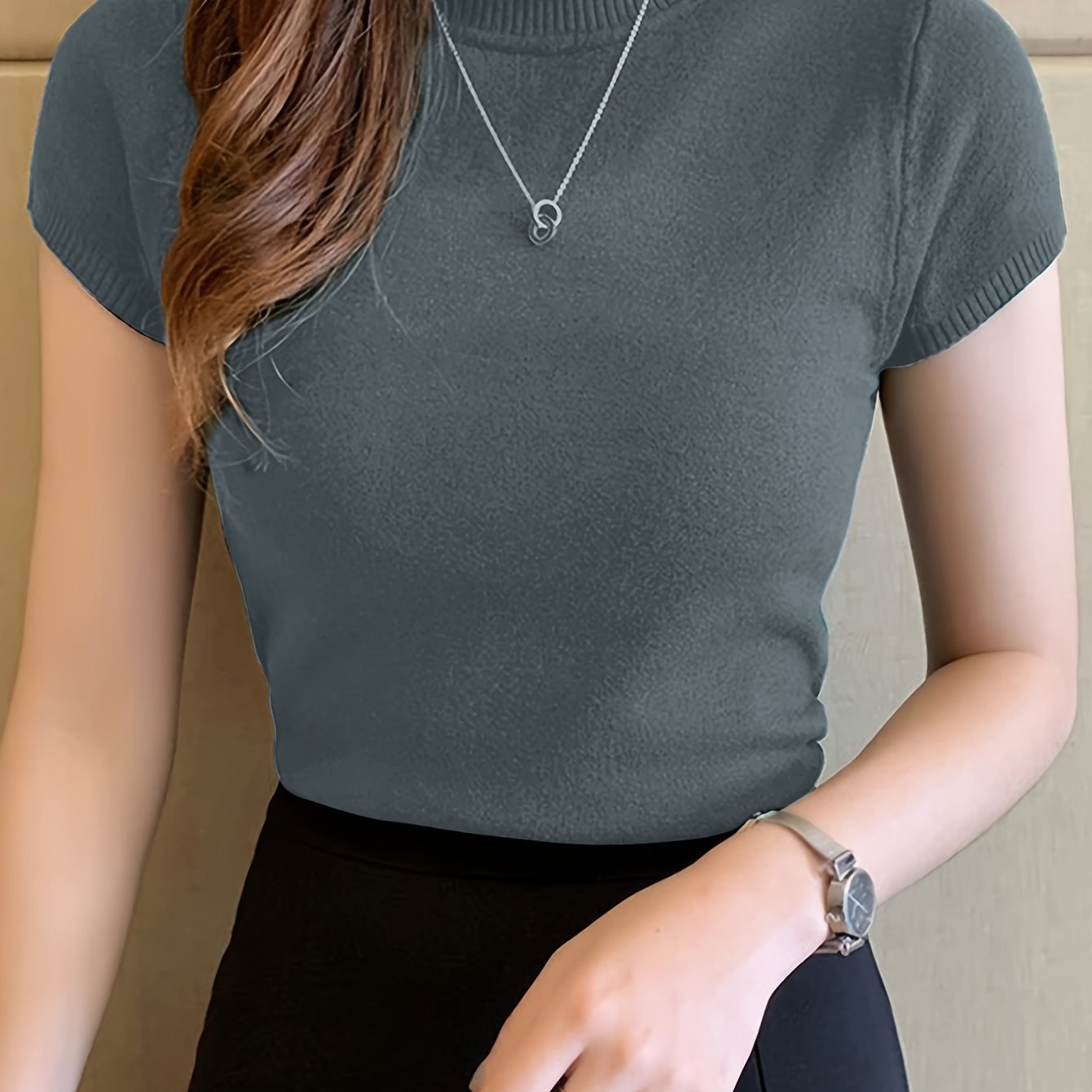 Women's Solid Knit Mock Neck Sweater Short Sleeve Casual Slim Fit All Season