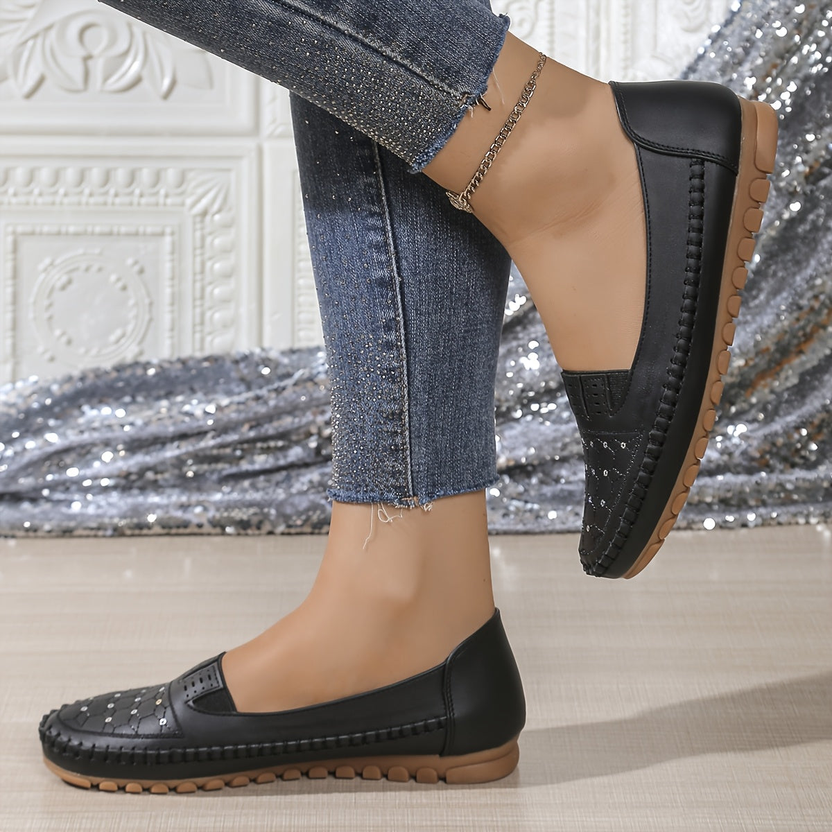 Women's Slip-On Loafers Faux Cover Shoes Comfortable TPR Sole Black White