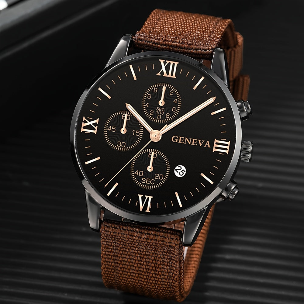 Men's Watch Set Black Nylon Strap Casual Industrial Style Round Dial Quartz Watch with 3 Bracelets