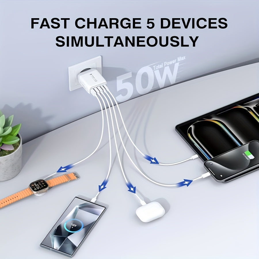 50W USB-C зарядка блоки, 5 портли тез зарядлаш EU ўтказгичи планшетлар ва смартфонлар учун