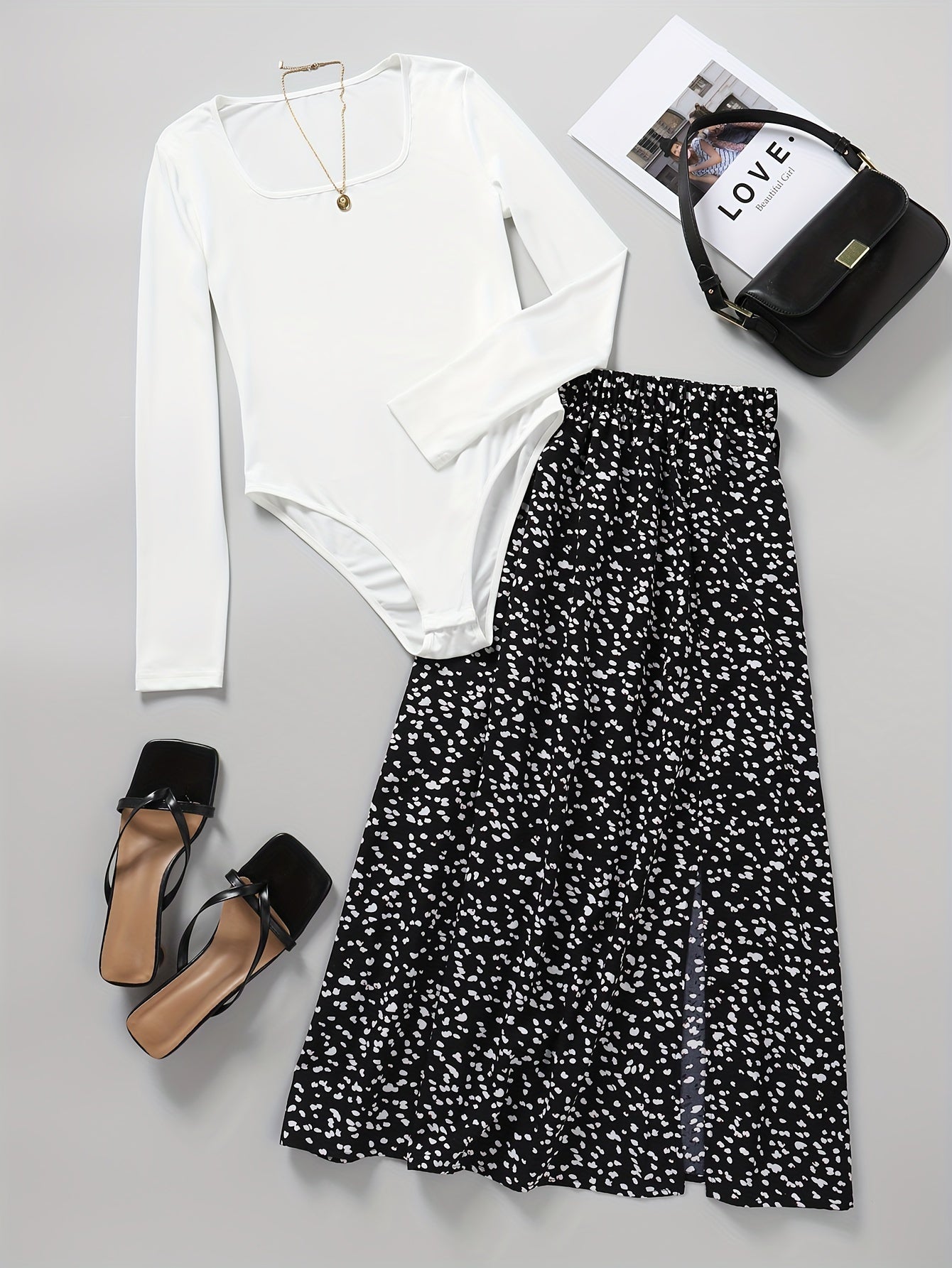 Conjunto de dos piezas para mujer, body de manga larga, falda floral, mezcla de poliéster, primavera y verano