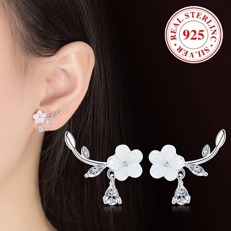 Шикарные и гипоаллергенные серьги в форме цветка сливы из серебра 925 пробы с мерцающими подвесками из кубического циркония - изысканный цветочный стиль, камень месяца ноября, идеальный подарок для женщин, ракушка, легкие 1.76 г/0.062 унции