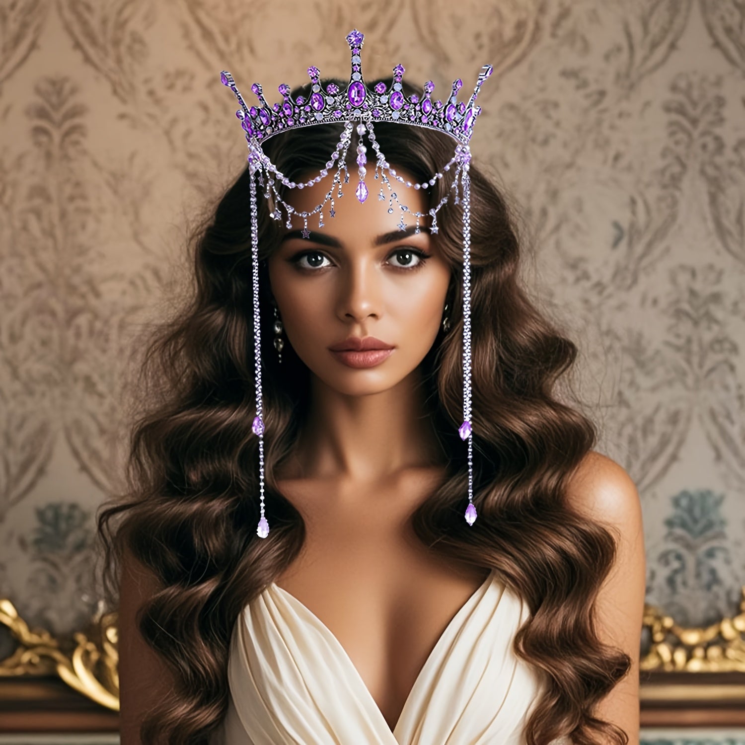 Purple Rhinestone Crown Headband for Women Wedding Party Tiara Hair Accessory