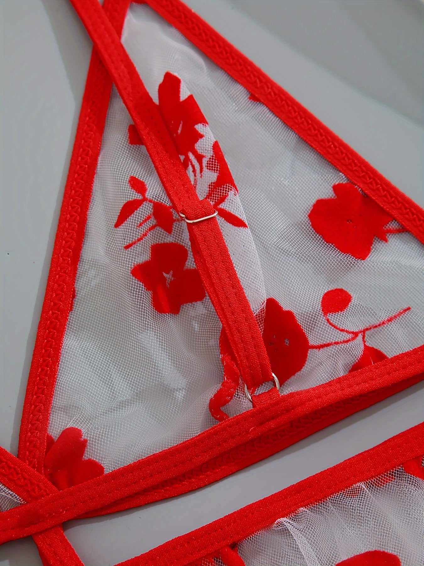 Black Floral Print Sheer Bodysuit with Thong Panties Lingerie