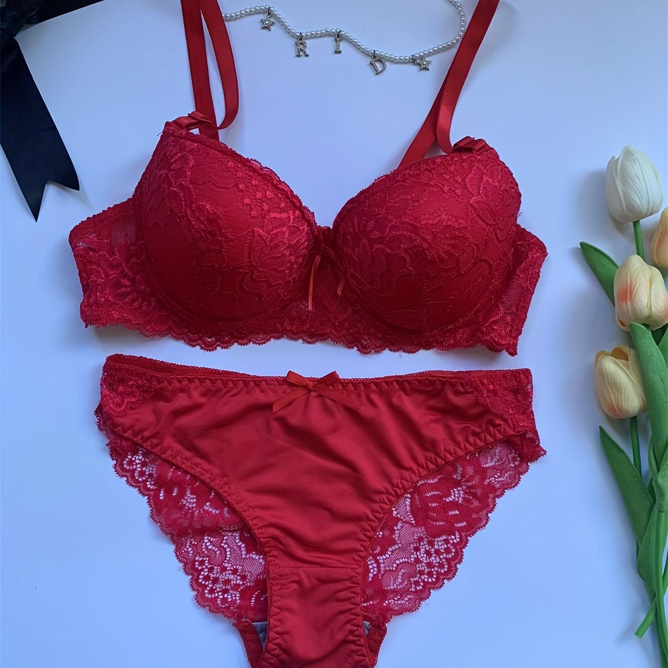 Lingerie Set for Adults Red Lace Bralette and Thong Medium Support Polyamide Spandex Low-Rise
