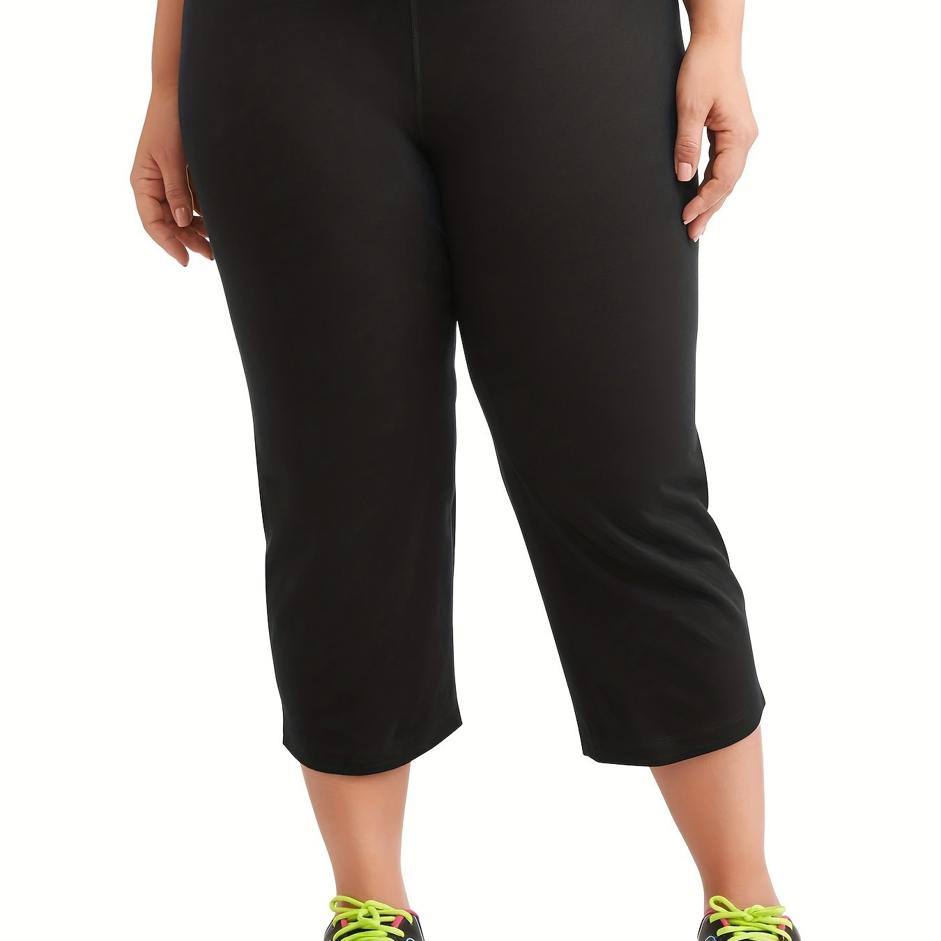 Plus Size High-Waist Stretch Capri Pants for Women Black Polyester