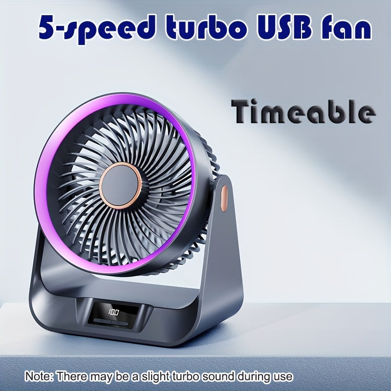 USB Table Fan with Turbo Speed, 5 Settings, Timer, Indoor Outdoor Use
