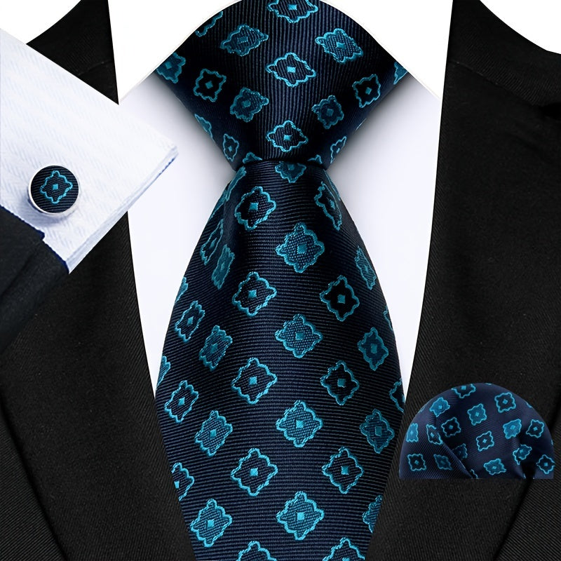 Men's Plaid Paisley Flower Tie Set with Cufflinks and Handkerchief Pack of 3