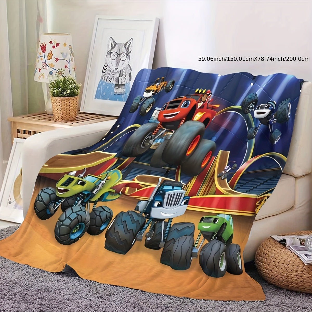 Monster Truck Flannel Fleece Throw Blanket Cartoon Design Hypoallergenic Easy to Clean Versatile Bedding