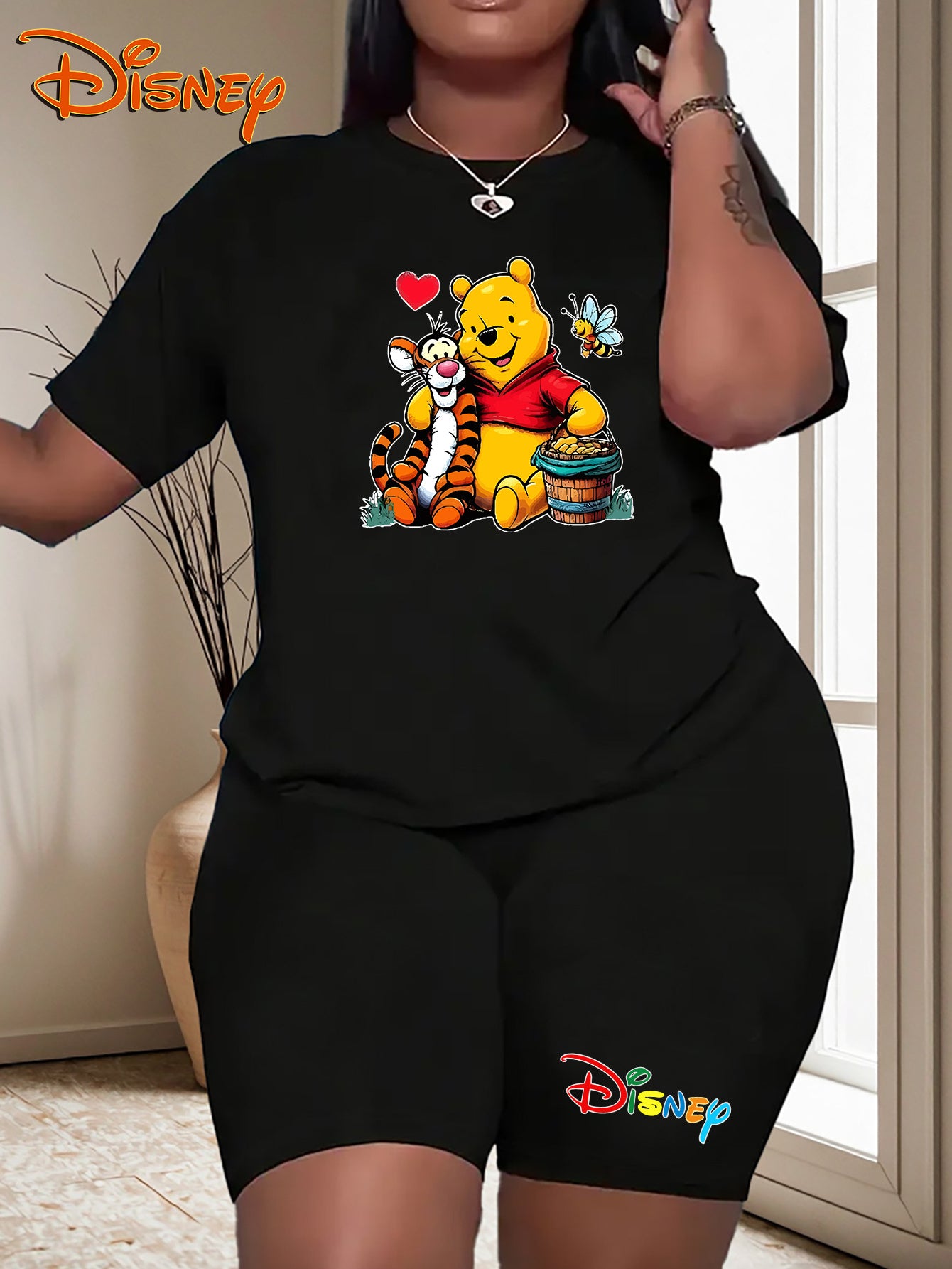 Women's Plus Size T-Shirt Set Short Sleeve Casual Cotton Disney Winnie the Pooh Tigger